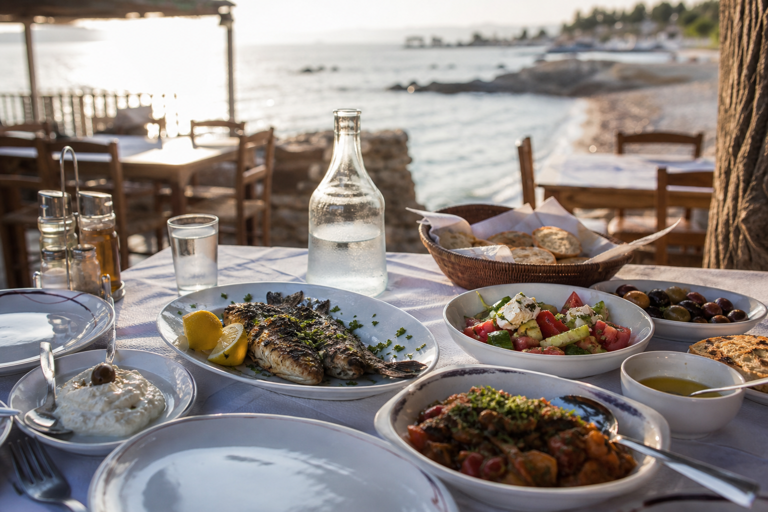 Albanian seaside dinner with grilled fish and mezze