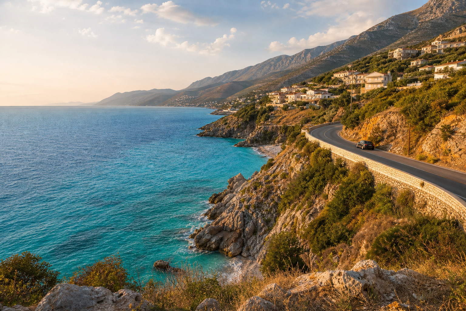 Albania Riviera coastline at golden hour